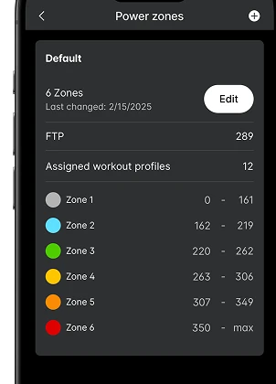 Stay in the Zone power and heart rate zones screen